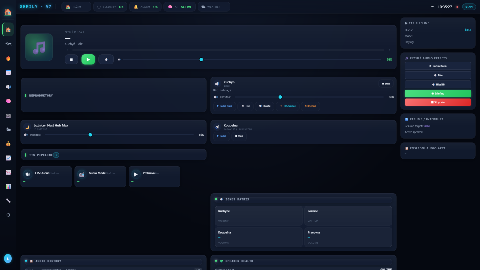 Audio page — speakers, TTS, briefing, radio