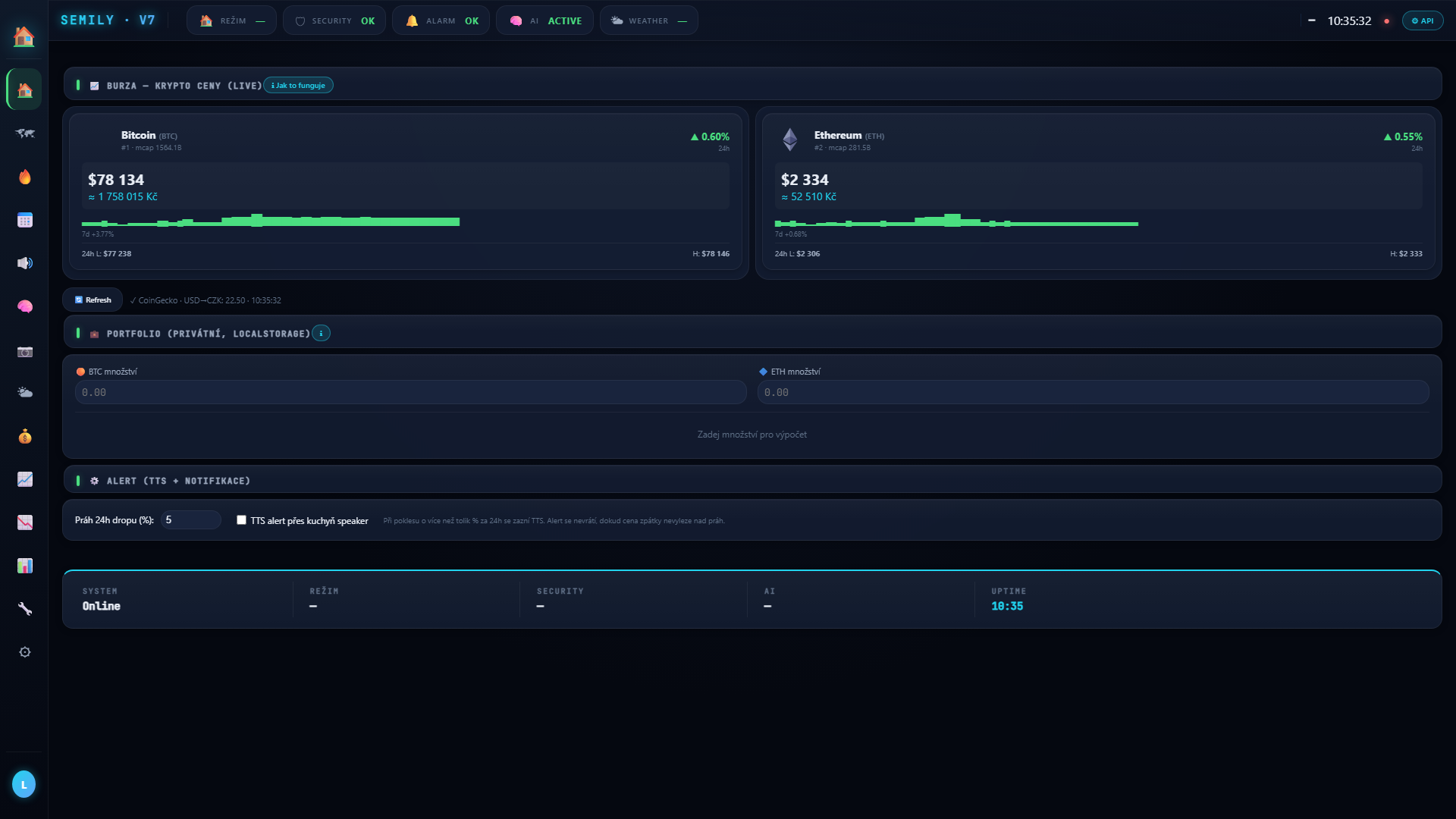 Burza page — BTC / akcie pro briefing