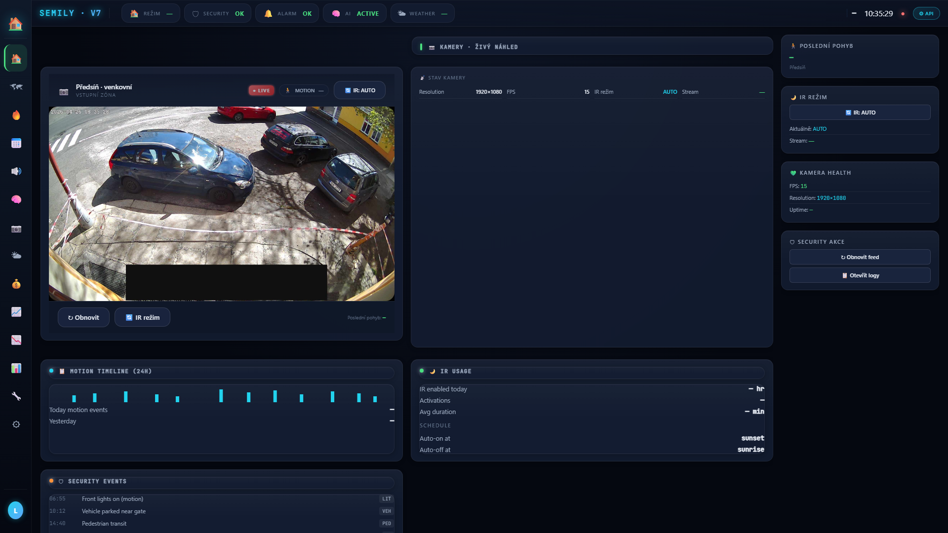 Kamera — live view, motion timeline, IR controls
