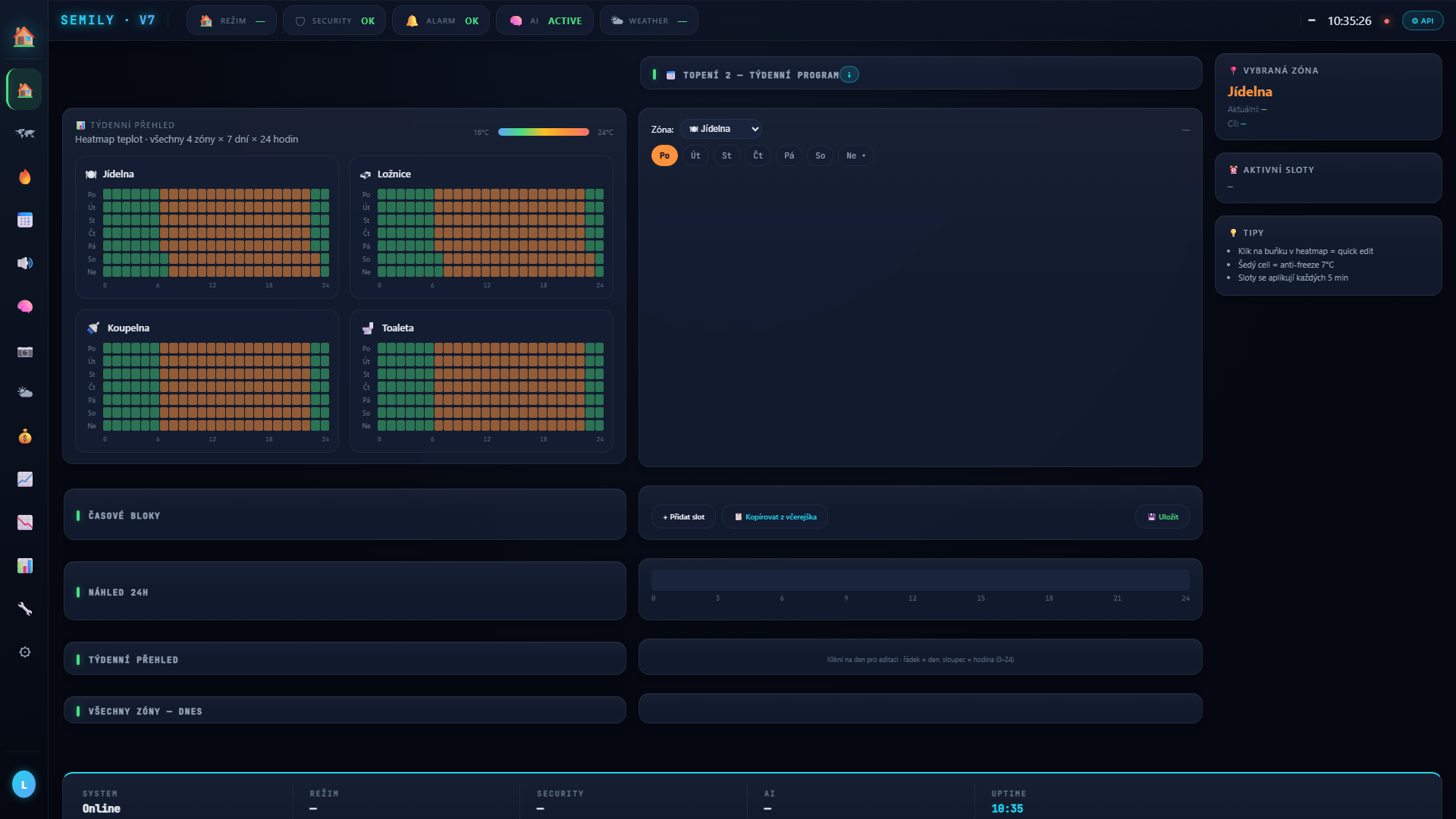 Heating page — quick actions, scenes a config