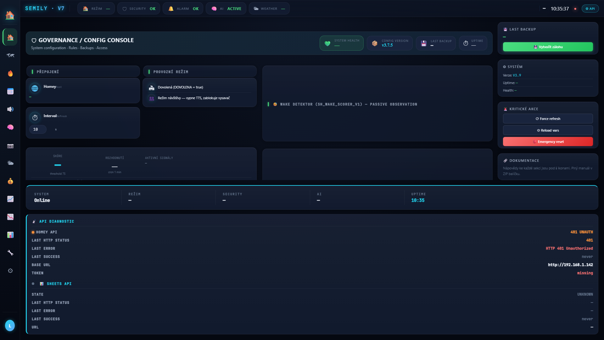 Settings page — config promenných