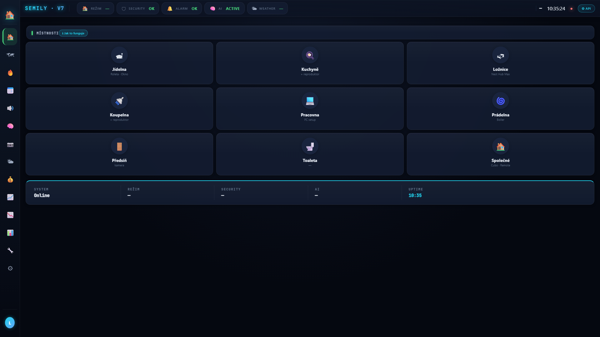 Zones page — všech 11 zón se stavy