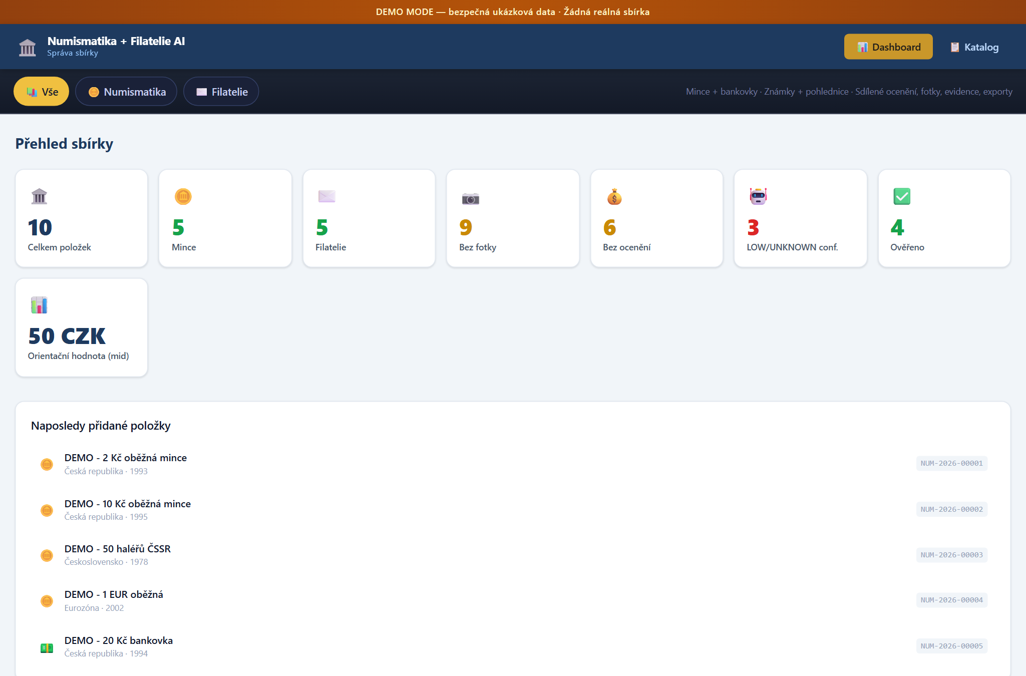 Sbírka — dashboard s přehledem sbírky (demo)